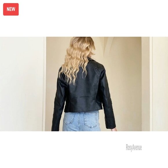 Faux Leather Cropped Moto Jacket Slim Fit Zip Up Biker Coat - Picture 8 of 8